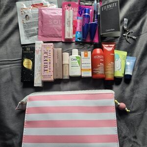 Pink and White Striped Cosmetic Bag Bundle With 19 Items (FP,Redken,RareBeauty..